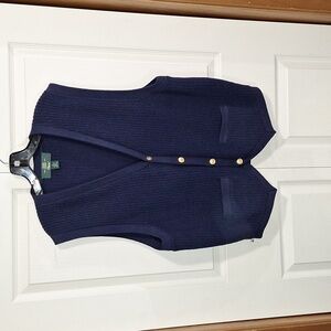 Orvis 100% Shetland wool vest - metal buttons - L - navy blue